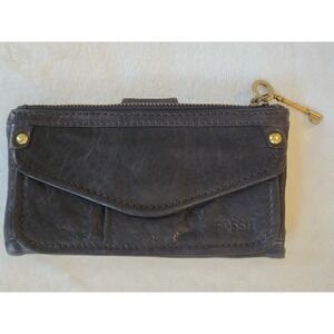 FOSSIL Soft Pebbled Black Distressed Leather Organizer Wallet Clutch Key Nice
